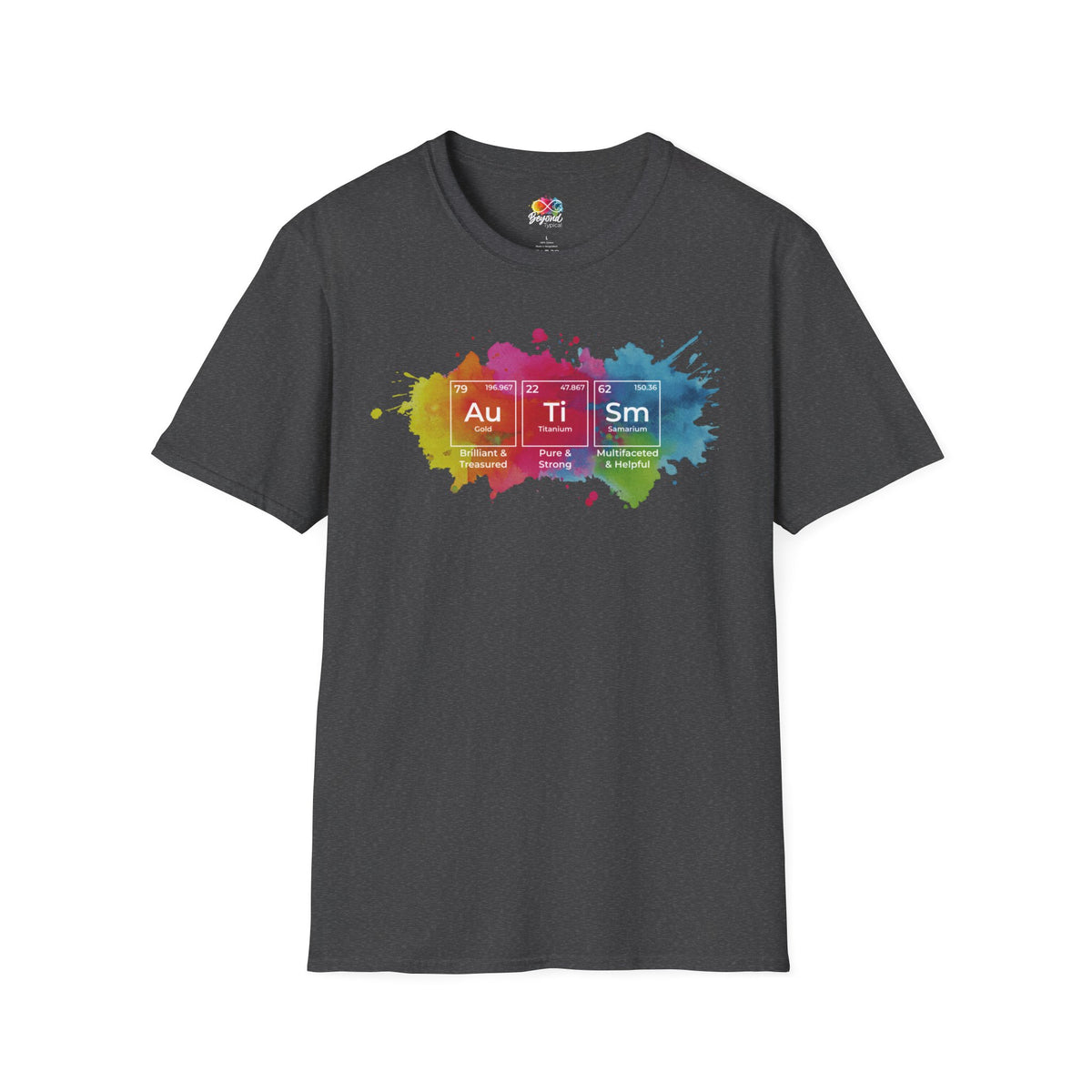 Autism Awareness T-Shirt — Colorful Periodic Table Design (Au Ti Sm)