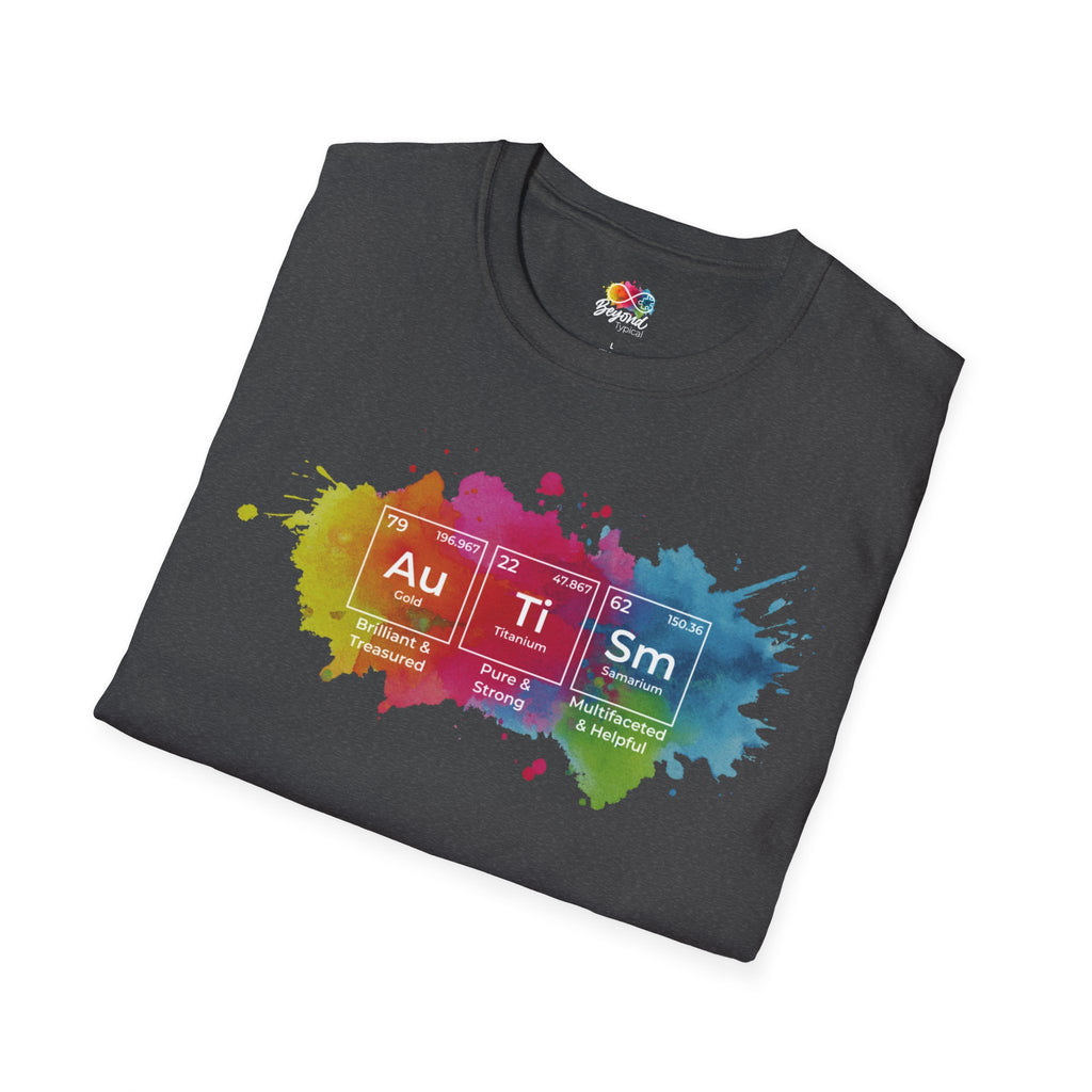 Autism Awareness T-Shirt — Colorful Periodic Table Design (Au Ti Sm)