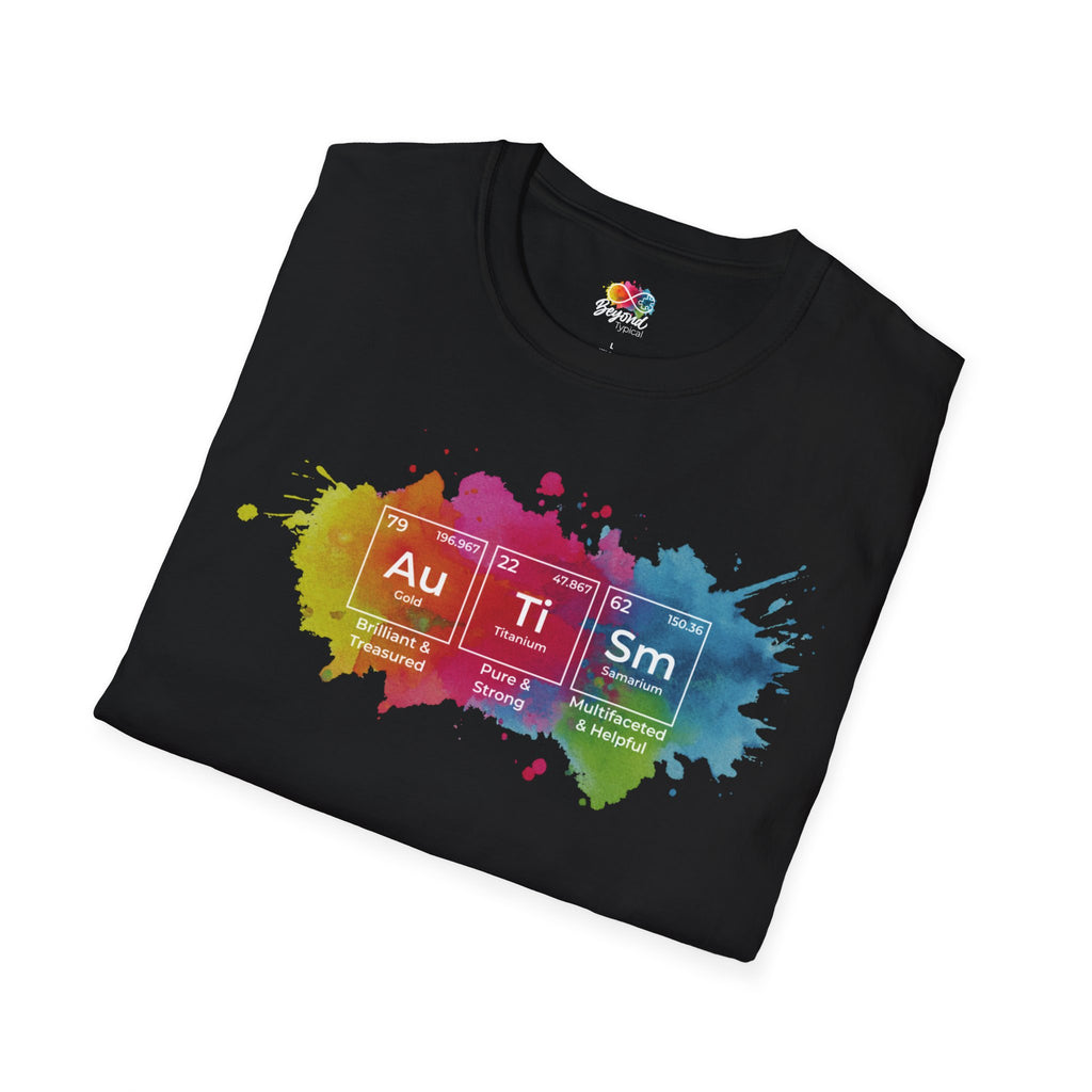 Autism Awareness T-Shirt — Colorful Periodic Table Design (Au Ti Sm)