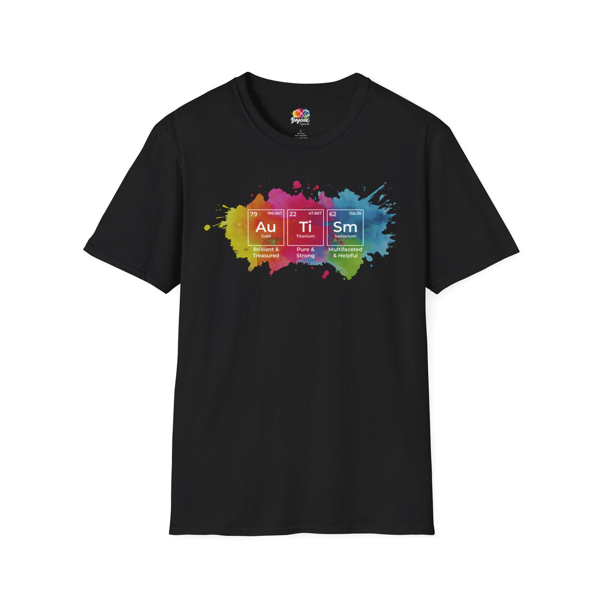 Autism Awareness T-Shirt — Colorful Periodic Table Design (Au Ti Sm)