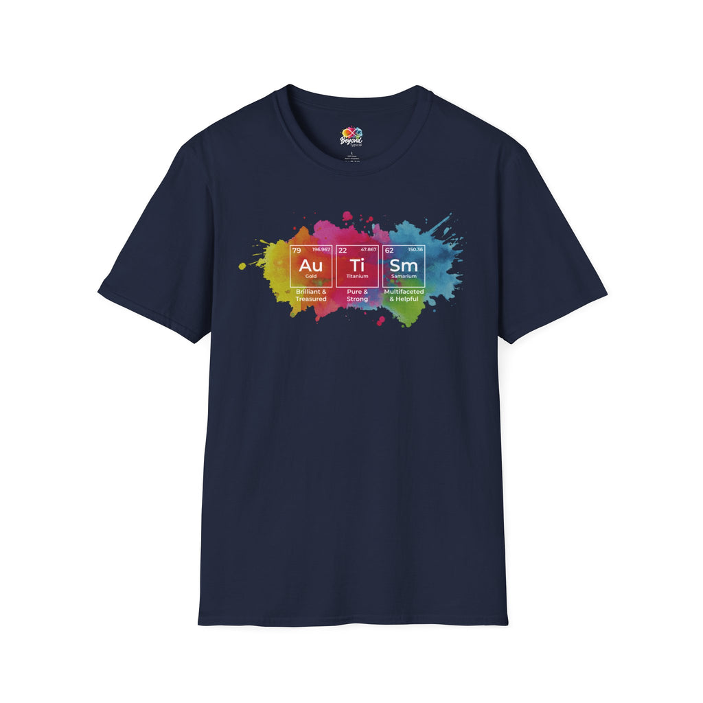 Autism Awareness T-Shirt — Colorful Periodic Table Design (Au Ti Sm)