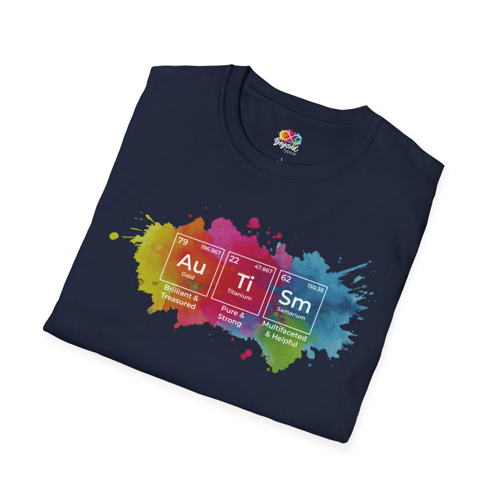 Autism Awareness T-Shirt — Colorful Periodic Table Design (Au Ti Sm)