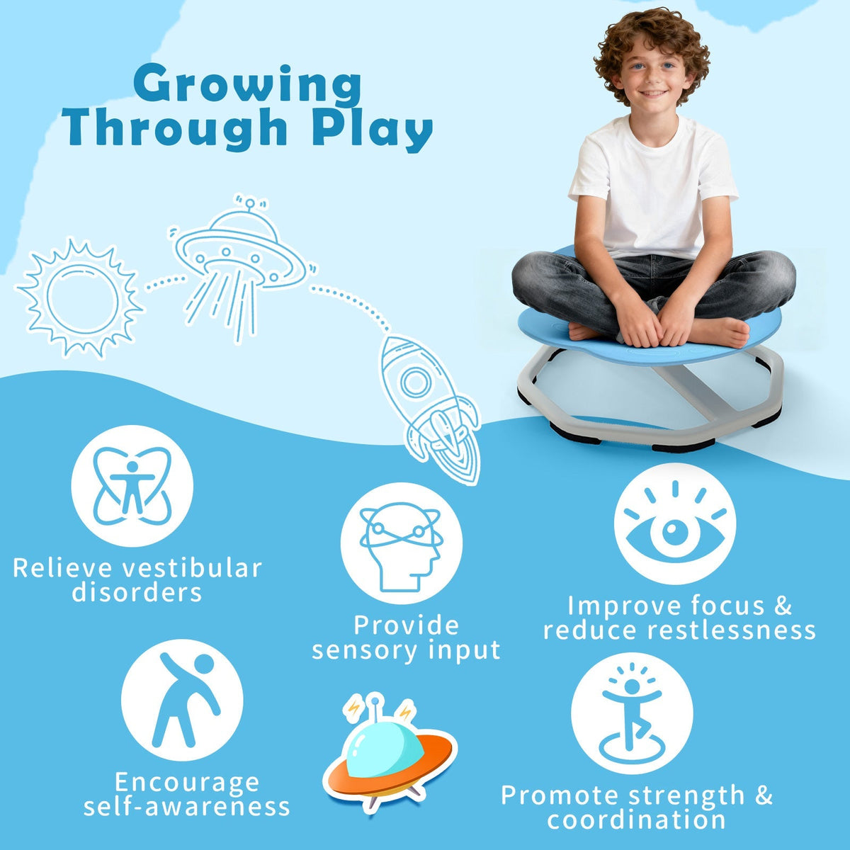 Kids Sensory Swivel Chair – 360° Spin, Metal Base